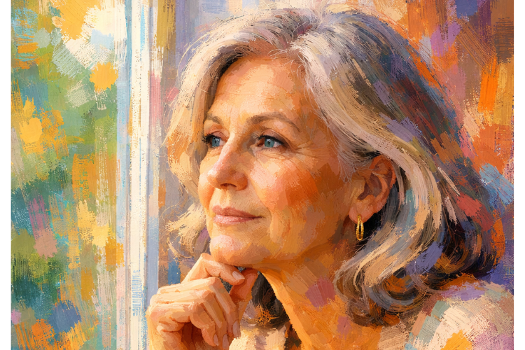 Woman in her 60s looking thoughtfully out window contemplating identity after retirement